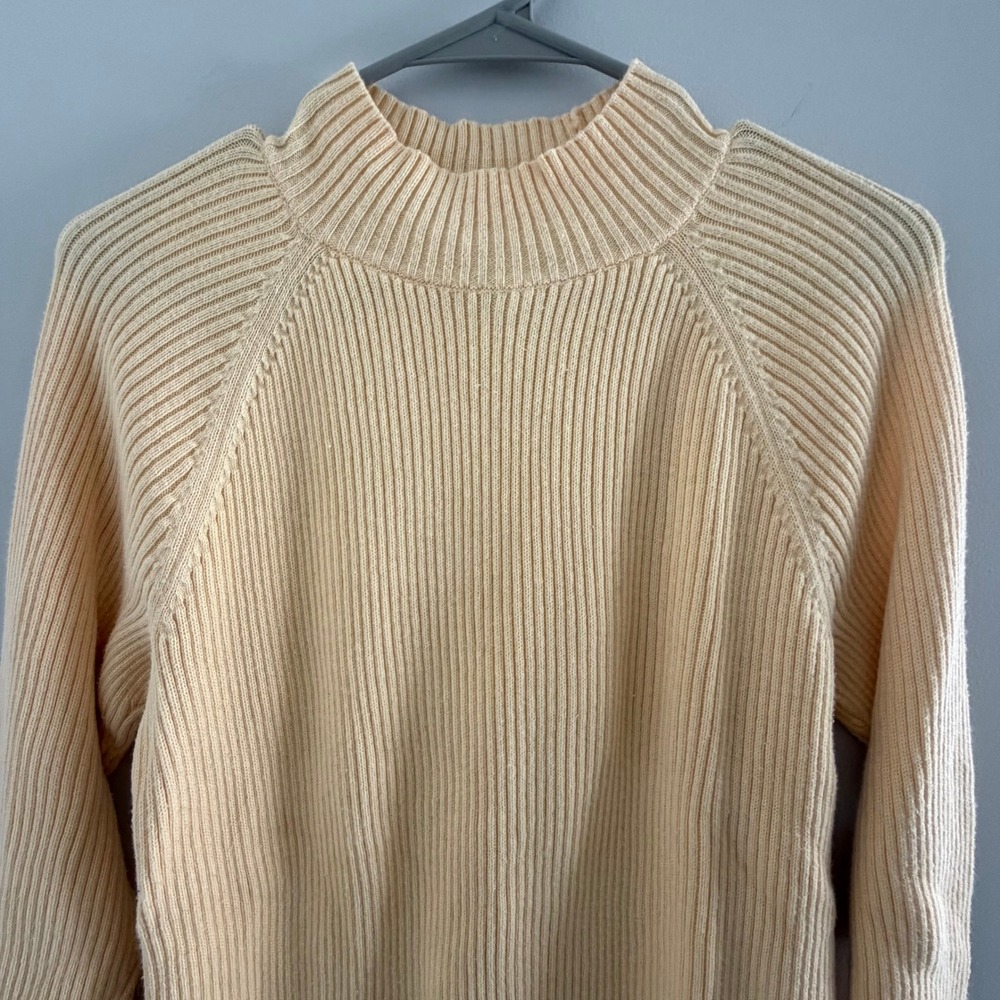 Studio Works Yellow Ribbed Mock Neck 100% Cotton Sweater L Classic Fall Cozy